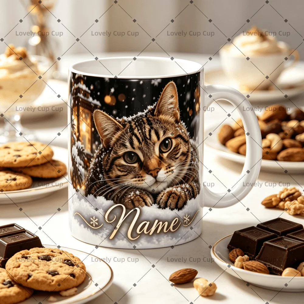 2D 1pc 11oz Personalized Custom Cute Cat Snow Coffee Mug, Christmas Gift for Bestie, Water Cup Hand Wash Only, Microwave Safe