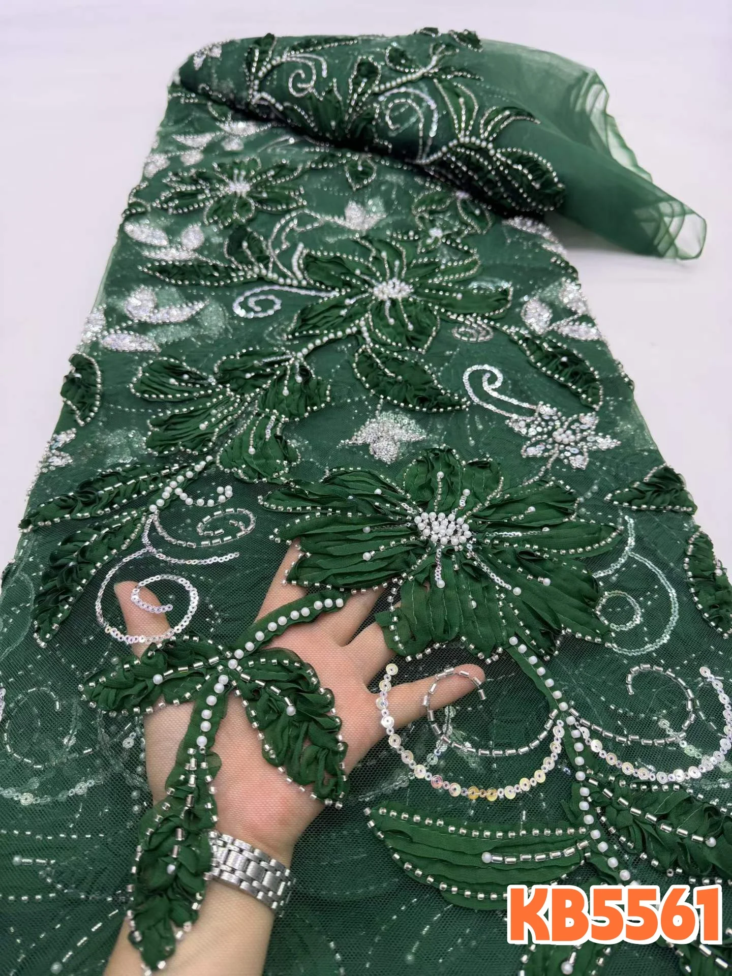 YALISI White French Mesh With Sequence Green Beaded Lace Luxury Laces On Sale 5 Yards Dubai Mesh Gowns Lace for Sewing KB5561