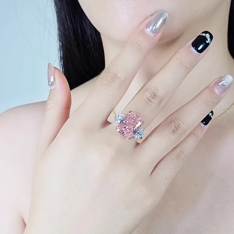 S925 Sterling Silber Ring Mode Leichter Luxus Kissenförmiger Quadratischer Diamantring Hochkarätiger Diamant Rosa Zirkonium Verlobungsring – Detail 4