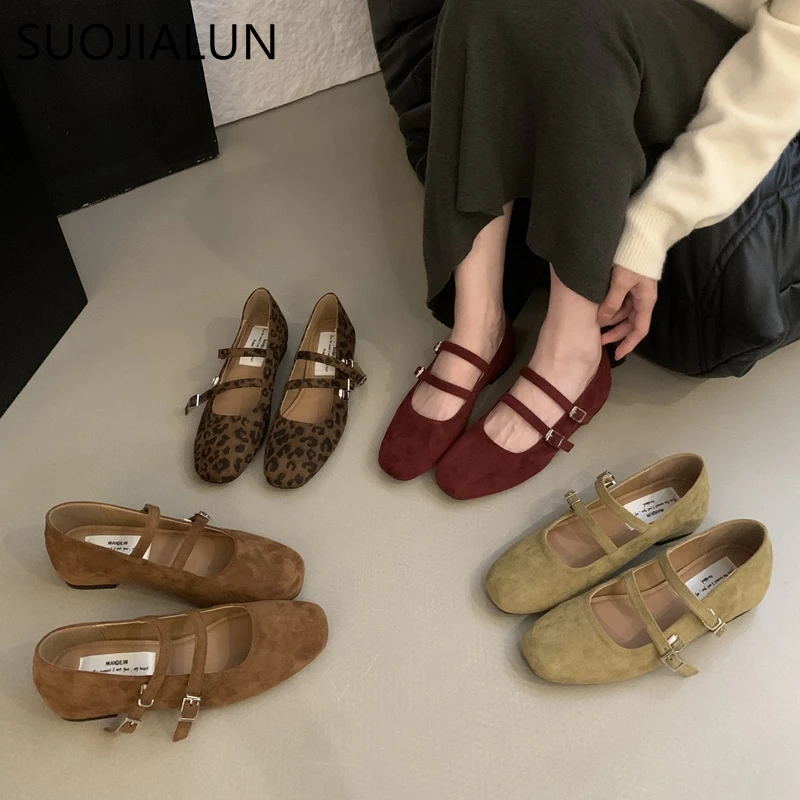 SUOJIALUN 2024 Women Round Toe Flat Shoes Fashion Round Toe Shallow Elegant Mary Jane Shoes Soft Low Wedge Heel Ballerinas Shoes