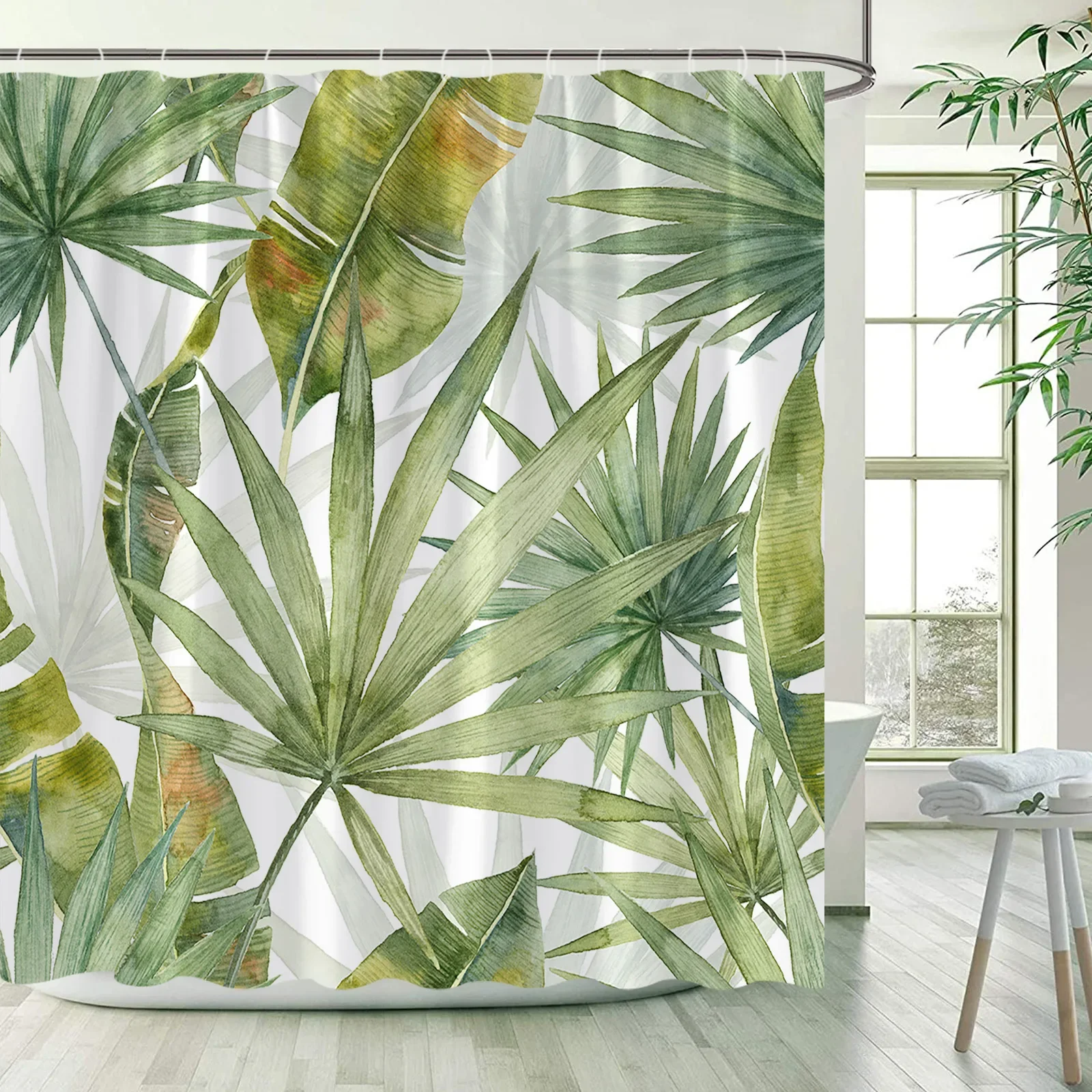 Tropical Leaves Shower Curtains Green Palm Leaf Banana Monstera Jungle Plants Hawaiian Modern Polyester Bathroom Curtain Decor