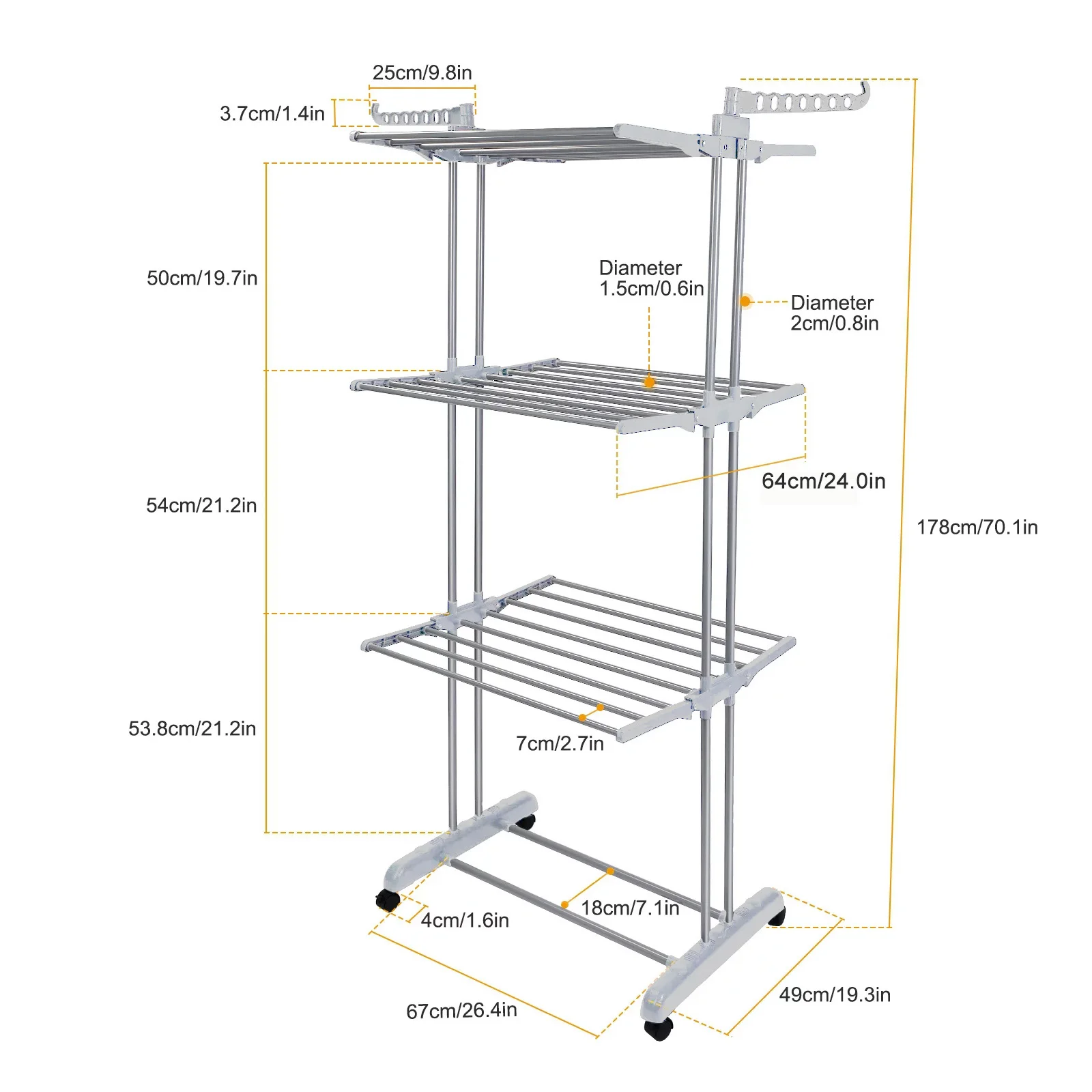 4-Tier Clothes Drying Rack Foldable Wings Dryer Clothes Space Saving Hanger Adjustable Large Garment Laundry Racks 2 Wing Hooks