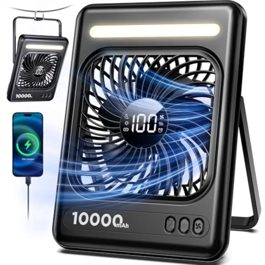 

10000mAh Portable Travel Fan, 5 Speeds Strong Wind Cruise Fan with LED Lantern, 24H Runtime Personal Rechargeable Fan, 2/4/6/8H