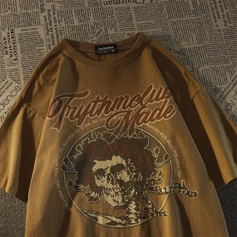 

American style retro rose skull short sleeve t-shirt men and women ins summer loose couple hiphop half sleeve top women clothes