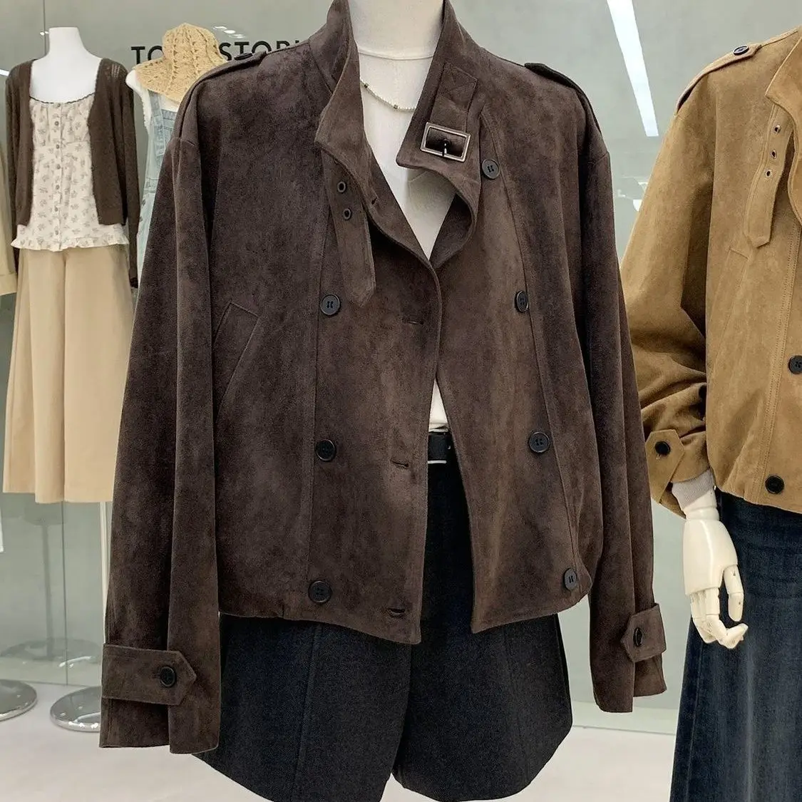 

Retro American Style Women Short Jacket Single Button Stand Collar Casual Outerwear Versatile Early Autumn Jacket Top