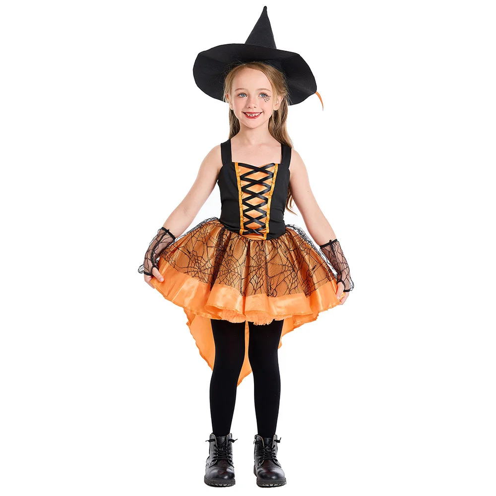 Orange Tuxedo Girls Halloween Gothic Witch Costumes Kids Children Sorceress Cosplay Carnival Purim Role Play Showing Party Dress