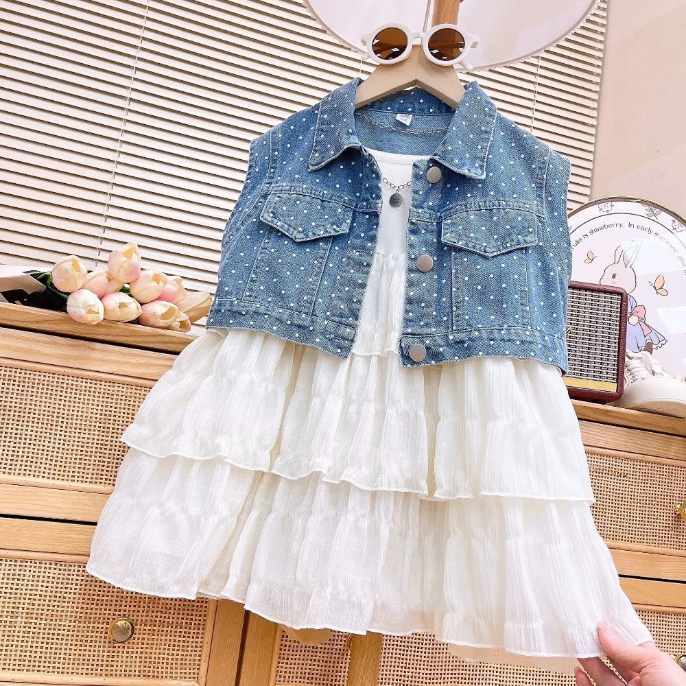 2026 Summer Girls 2Pcs Outfit, Stylish Denim Top Matching Suspender Tiered Dress, Fashion Kids Two Piece Set  for 100-140cm