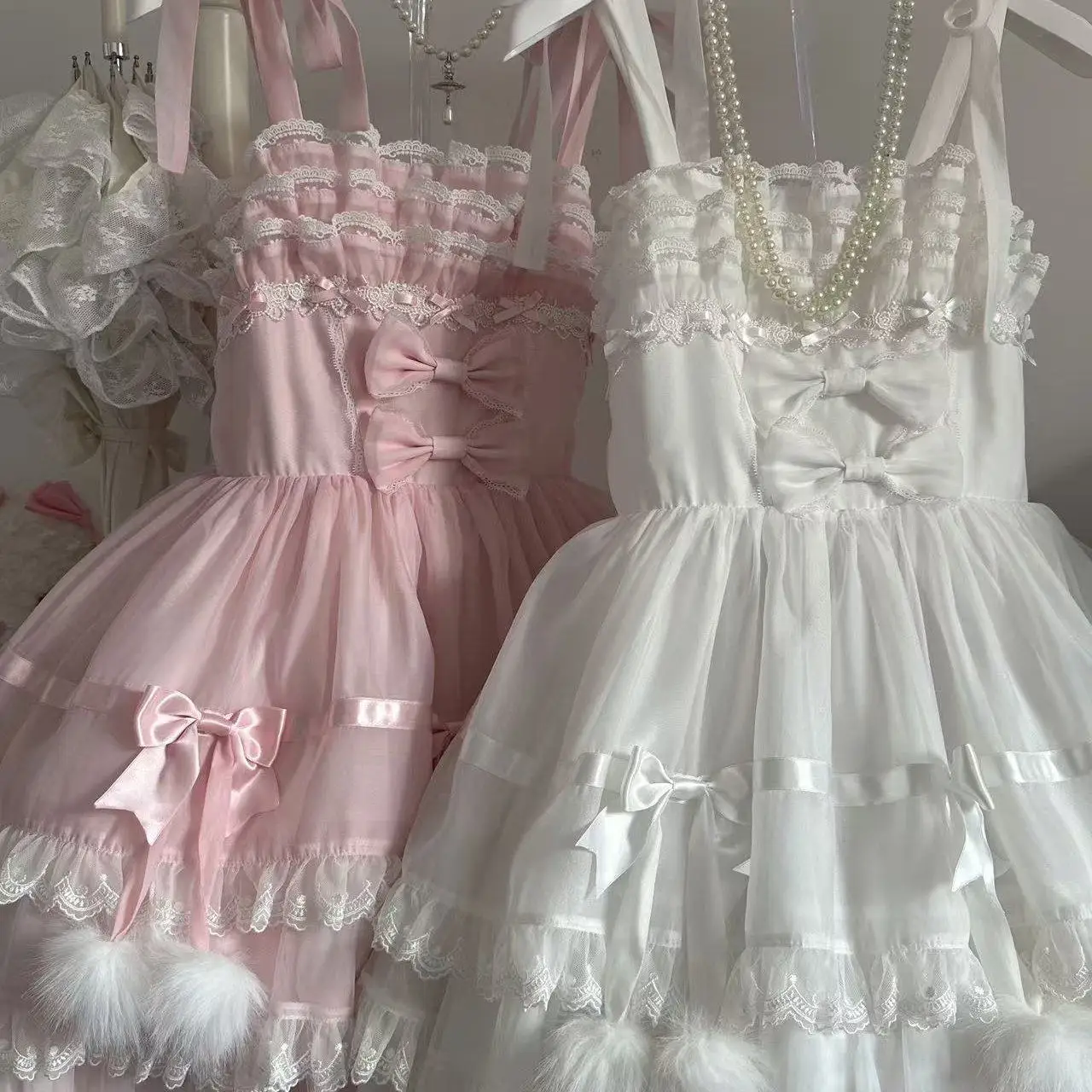 Women's Sweet Lolita Tiered Lace JSK Dress with Feather Pom-Pom Bows Cute Lolita Dress Gauze Skirt White Lolita Dress view 6