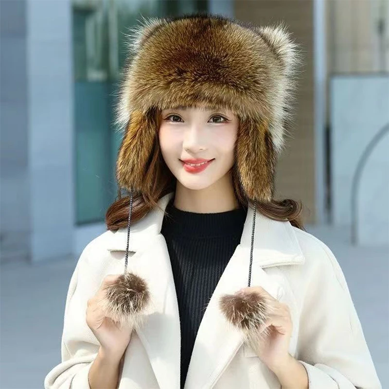 

For Winter Thick Warm Ears Fashion Bomber Pom Pom Hat New Trend Raccoon Fur Cap Tail Women Natural Raccoon Fur Caps Ushanka Hats