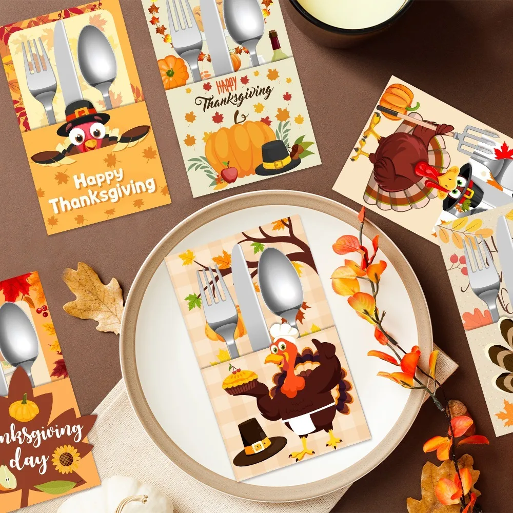 

6pcs Autumn Theme Desktop Cutlery Holder Bags Turkey Maple Leaf Paper Cutlery Storage Bags Orange Pumpkins