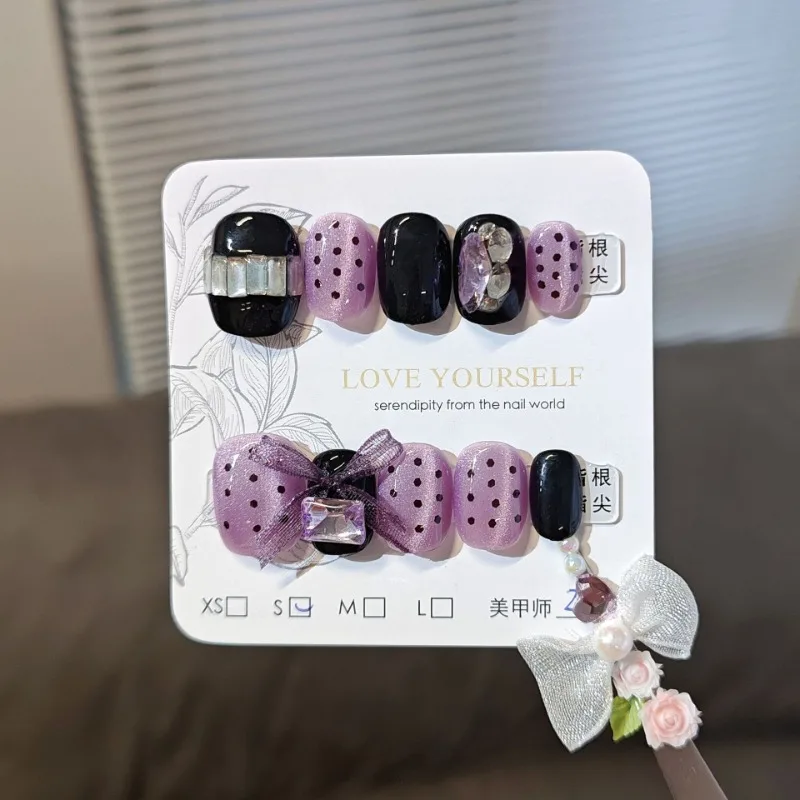 

10pcs Coffin False Nails Set Press on Nails Short Black Purple Cat Eye Rhinestone Detachable Glued Fake Nails with Box and Tools