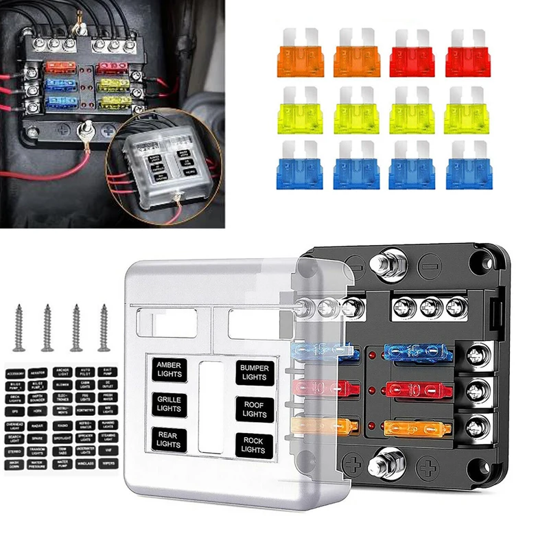 

6-Way Blade Fuse Block Indicator Waterproof Protection Cover And Label Sticker For Car Truck Trailer Car Accessories Bus Bar Kit