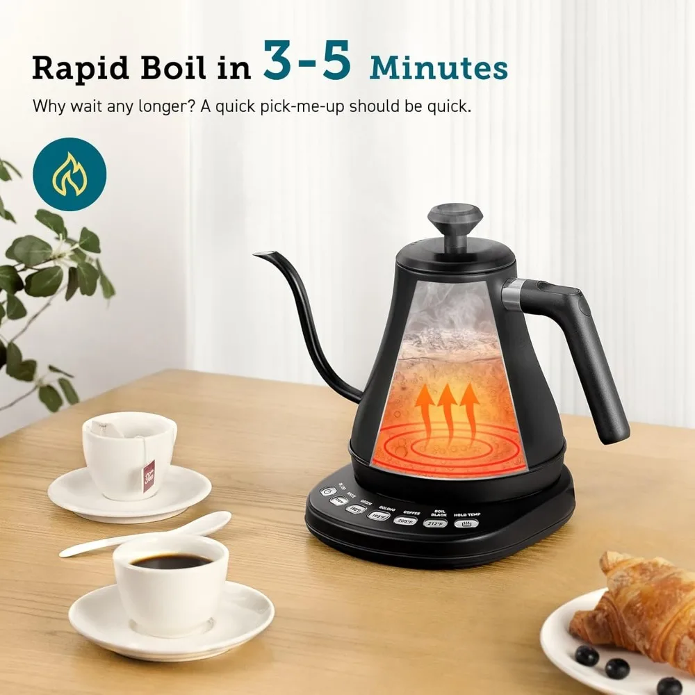 

Electric Gooseneck Kettle with 5 Temperature Control Presets, Hot Water Boiler, 100% Stainless Steel Inner Lid & Bottom