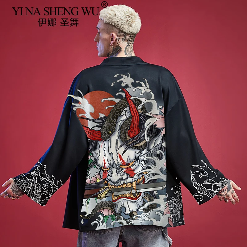 Summer Demon Snake Print Cardigan Men's Chinese Dragon Pattern Japanese Kimono Asian Plus Size Traditional Costume Cosplay Coat