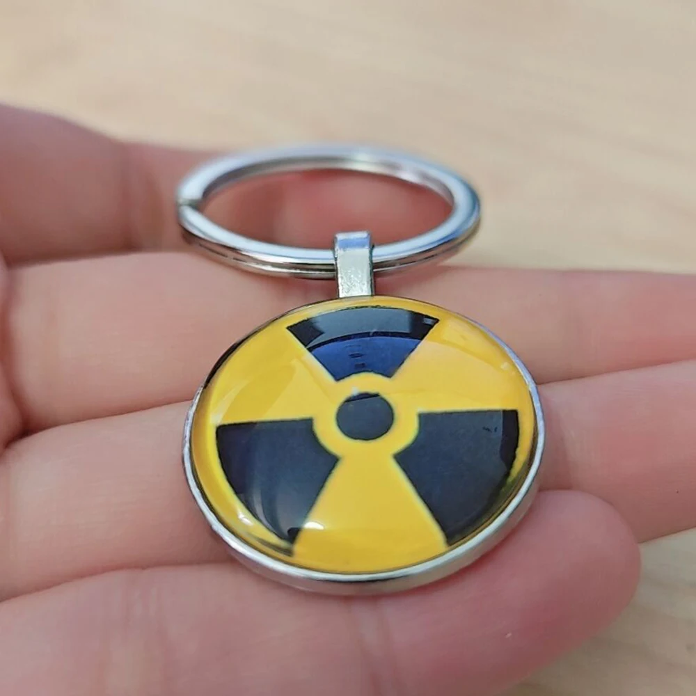 Glass Cabochon Radiation Symbol Keychains for Door Yellow Warning Sign Keychain for Key Purse Bag Keyring Gift for Friends