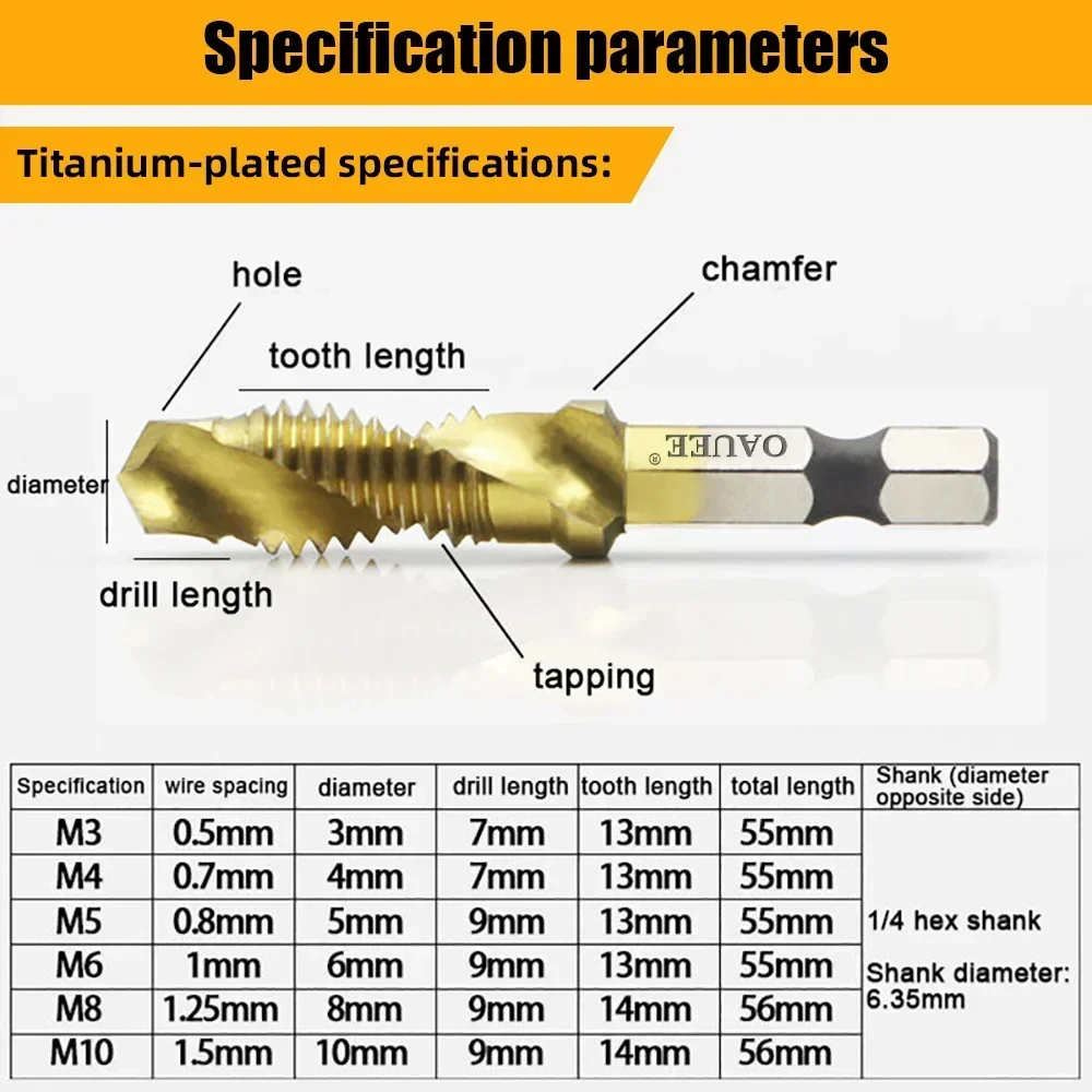 6Pcs Tap Drill Bit Set M3 M4 M5 M6 M8 M10 Hex Shank Titanium Plated HSS Screw Thread Bit Screw Machine Compound Tap Hand Tools