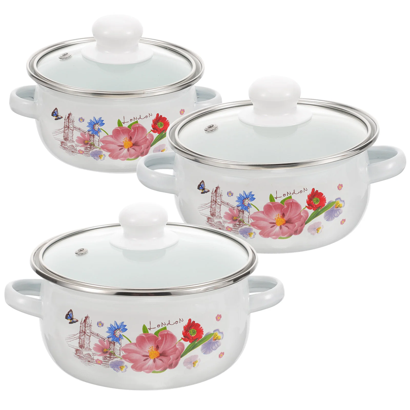 

3 Pcs Enamel Pot Kettle Stock Casserole Cooking Oven Home Cookware Vintage Stockpot Flowers