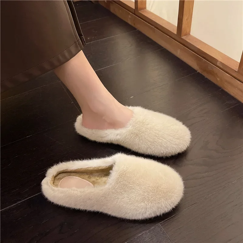 2024 Frauen Baotou Hausschuhe Mode einfarbig weiche Sohle pelzigen Hausschuhe warm flach bequem lässig zu Hause warm Houses hoes
