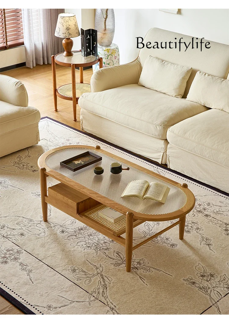 

Medieval log double-layer tea table small apartment living room household Japanese solid wood glass small coffee table