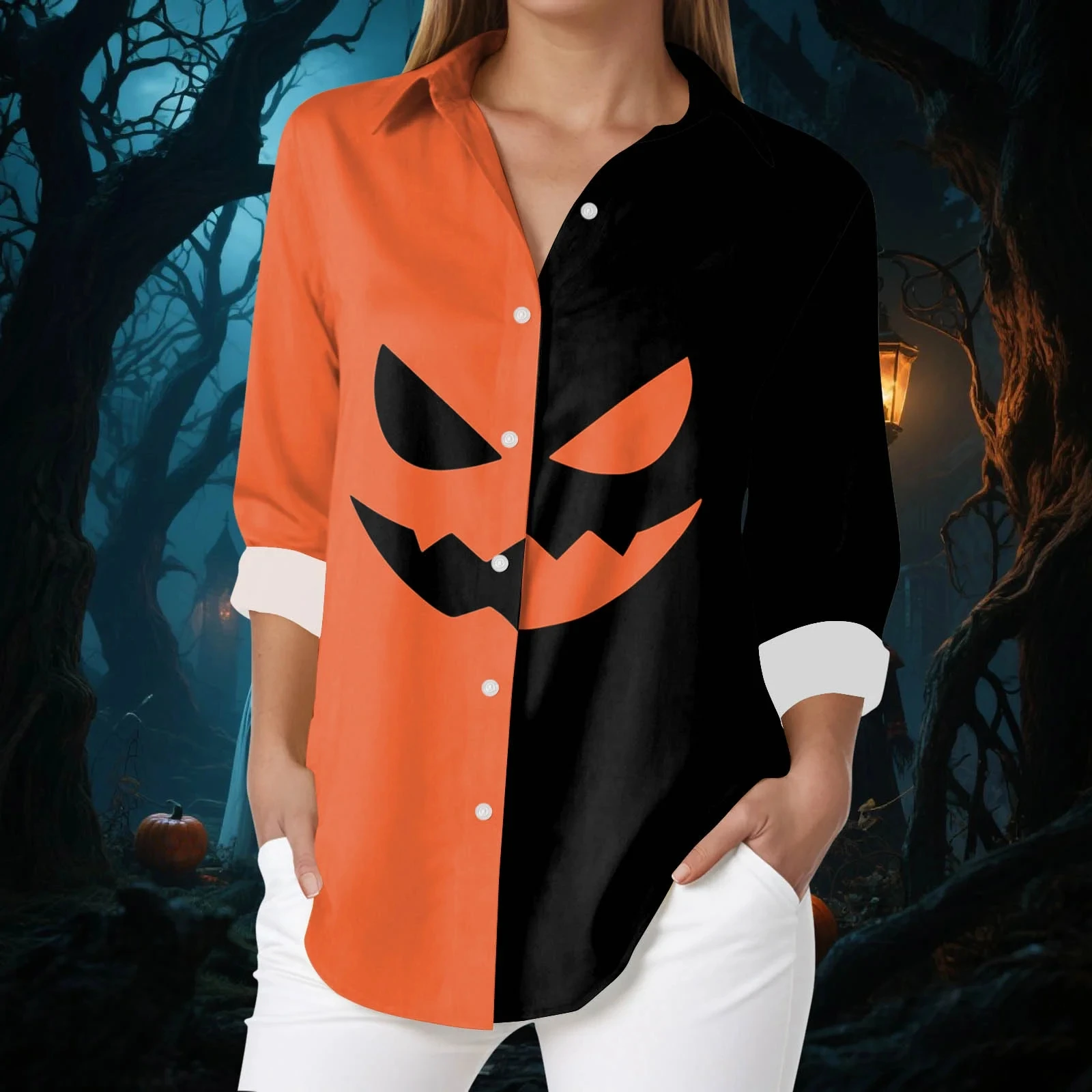 

Женская рубашка с длинным рукавом на Хэллоуин, осенняя новинка с цветными блоками, забавная тыква, смайлик, топ, вечерние, праздничная одежда