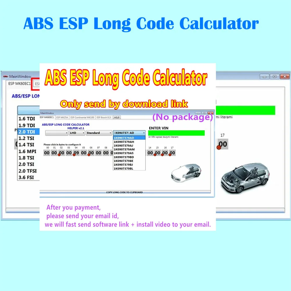 

2024 ABS ESP Long Code Calculator for Bosch ESP units Changes to Adaptations and Codes VAG VCDS VIN number Suports over 20 Cars