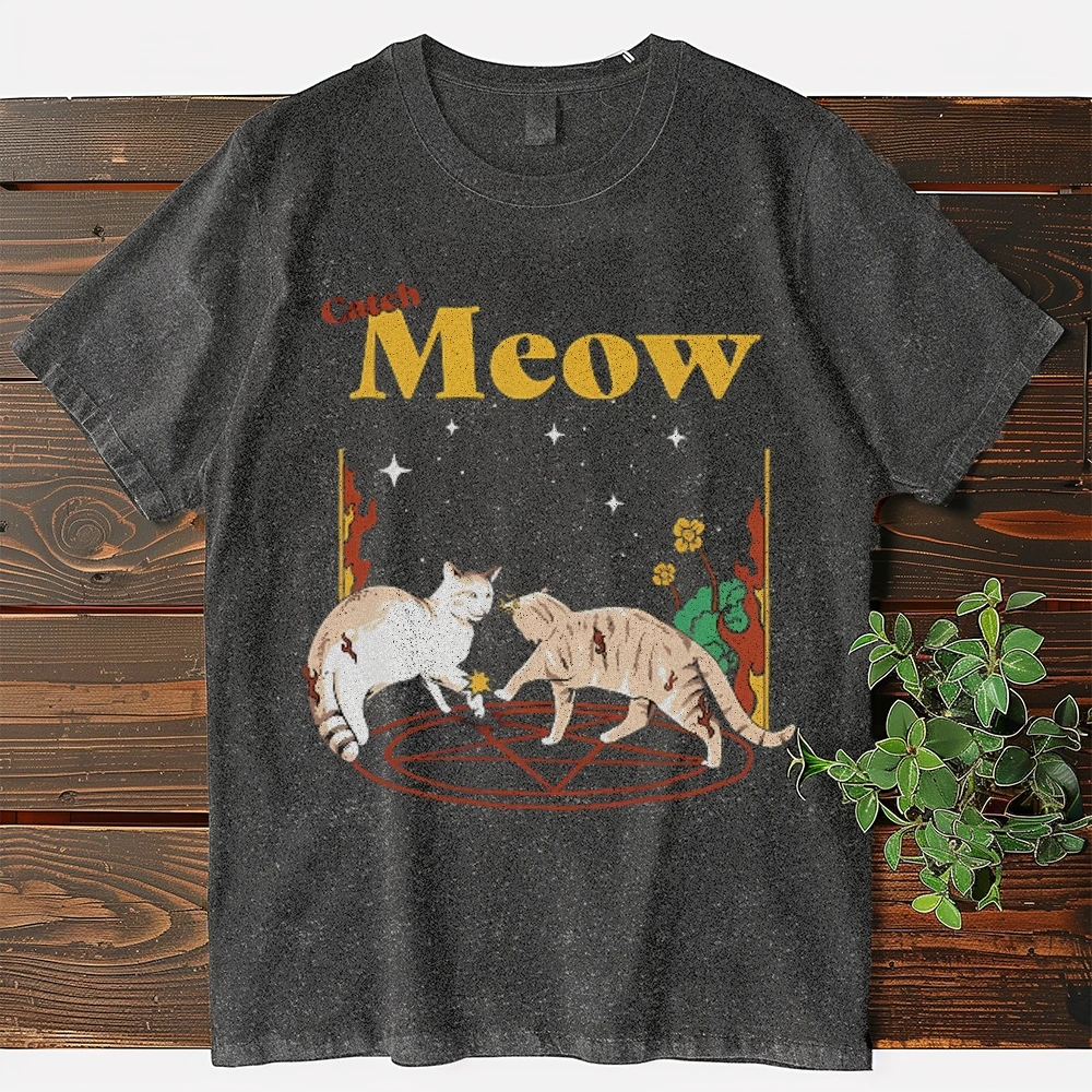 

Cat Lovers T-Shirts Women Y2K Style Top High Street Vintage Clothes 2024 Summer Washed Street Short Sleeve Acid Wash Hip Hop