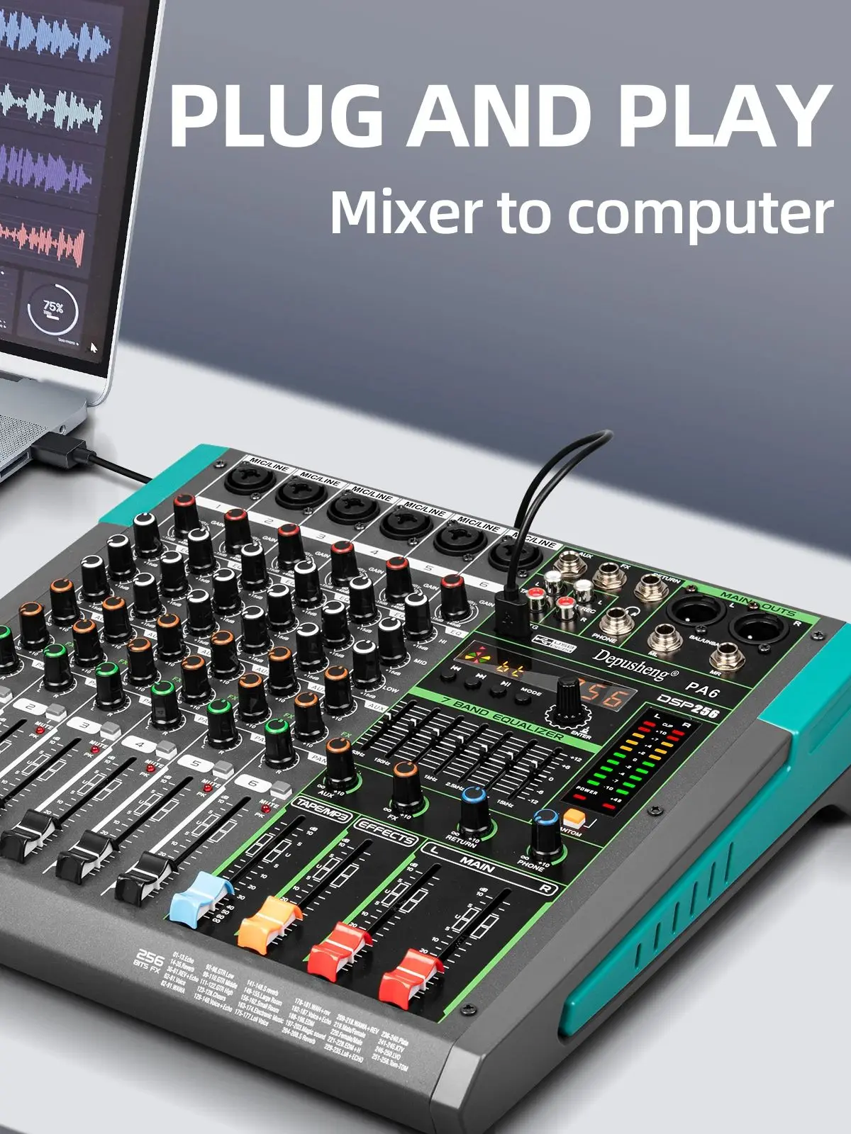 Mikser audio Depusheng z 6/8/12/16 kanałami, konsola DJ, USB, zasilanie phantom 48V, 256 efektów DSP, stół mikserski do sceny — zdjęcie produktu 7