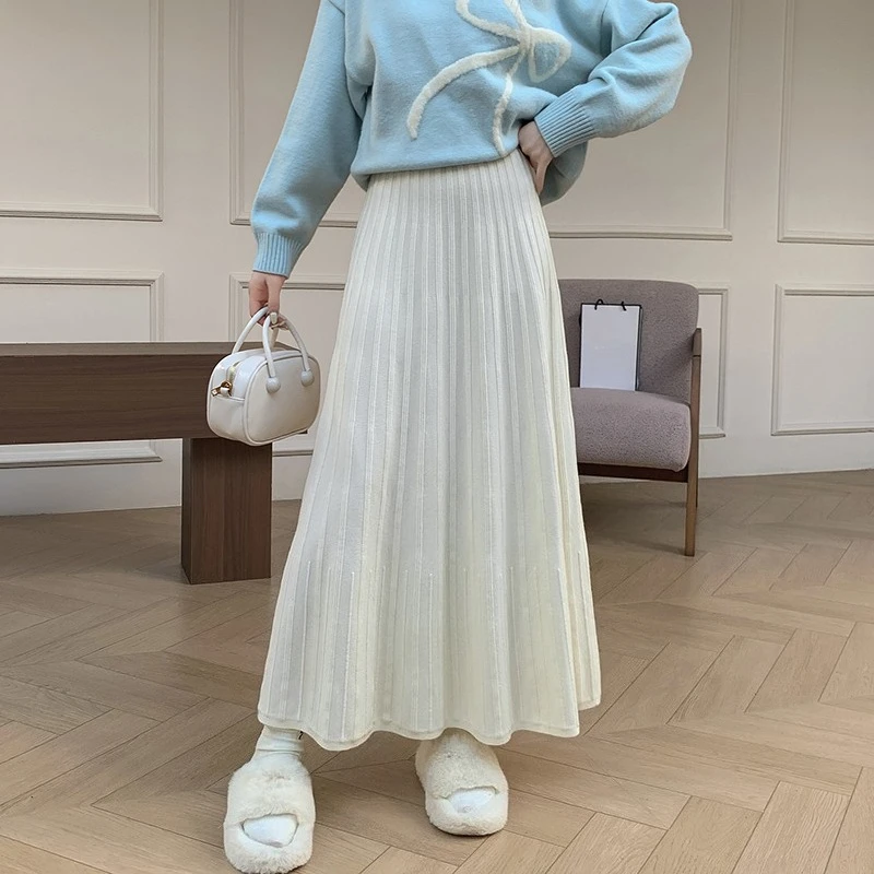 

Seoulish Autumn Winter High Waist Knitted Women's Umbrella Skirts 2025 New White Korean Casual Loose A-line Long Skirts Female