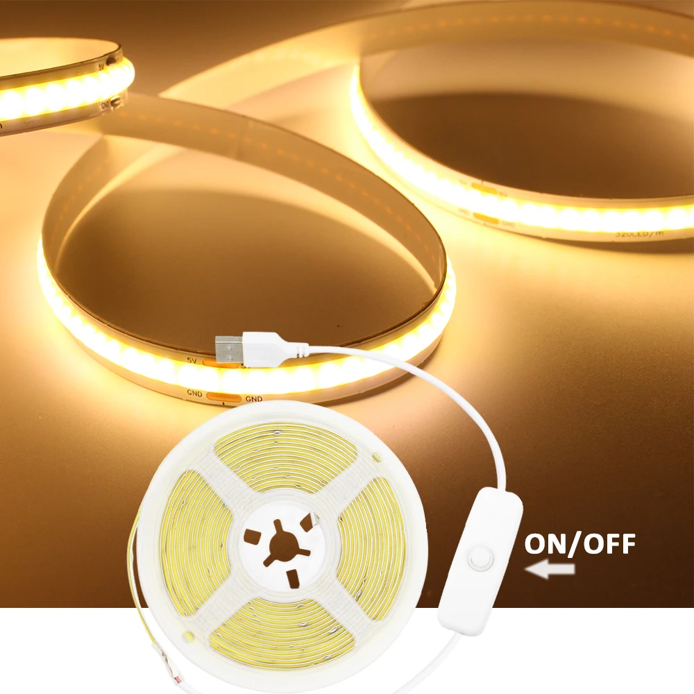 5V USB COB LED Strip Light with 501 Switch ON/OFF 8mm Wide Light Belt 320Led/M Bright Lighting Flexible Led Light for Bedroom