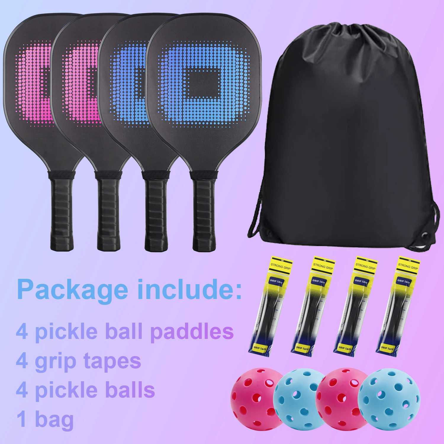 Pickleball Peddels Set Met 4 Hout Pickleball Rackets & 4 Ballen & 4 Grip Tapes & Draagbare Draagtas Voor indoor/Outdoor Sport