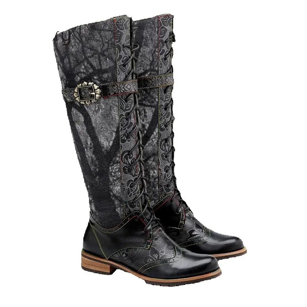 

Socofy Raffan Genuine Leather Dark Flower Lace Up Flat Boots