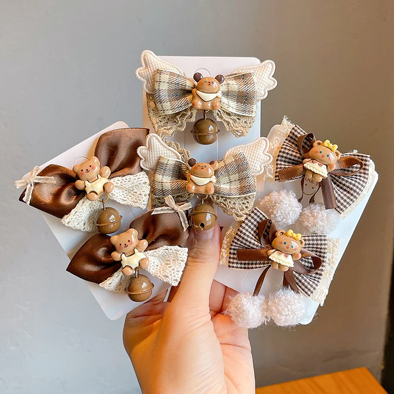 2Pcs/Set New Children Classic Bear Brown Bowknot Ornament Hair Clips Baby Girls Cartoon Barrettes Hairpins Kids Hair Accessories
