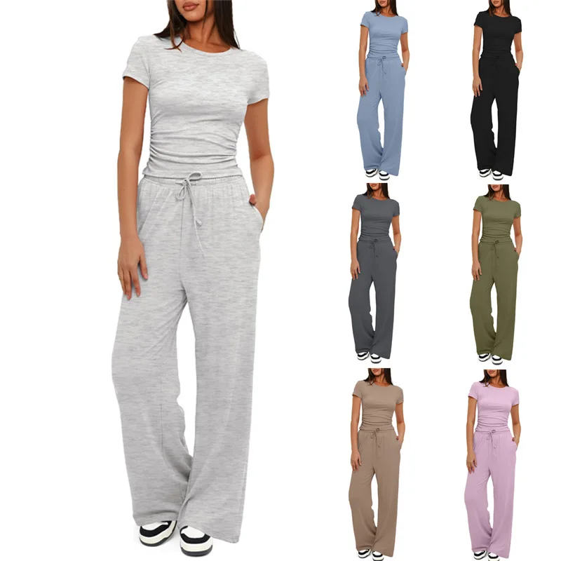 

Women Casual Short Sleeve Pleated Tops Pure Color Set Autumn Winter Two Piece Suit Sport Sweater High Waist Wide Leg Pants Sets