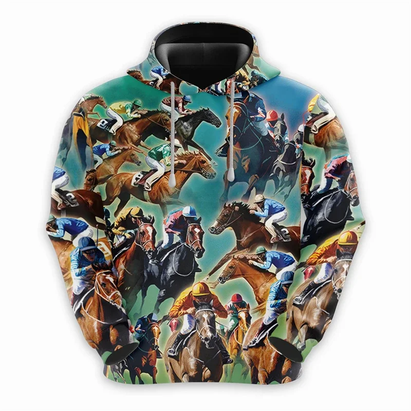 

3D Horse Printed Sweatshirt Casual Streetwear Oversized Pullovers Tops Vintage Horserace Pattern Hoodies For Men Fashion Autumn