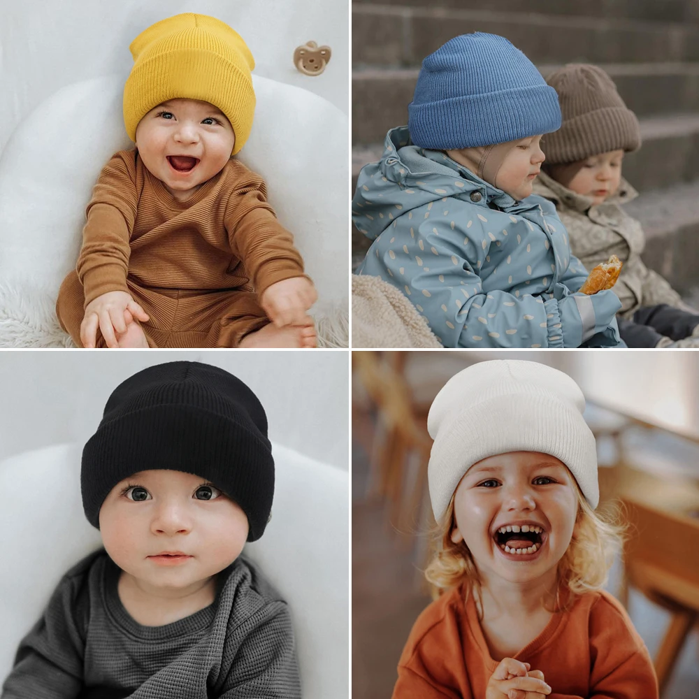 Autumn Winter Mother Kids Knit Hat Solid Color Baby Beanie Hats Newborn Accessories Children Cap for Girls Boys Family Matching