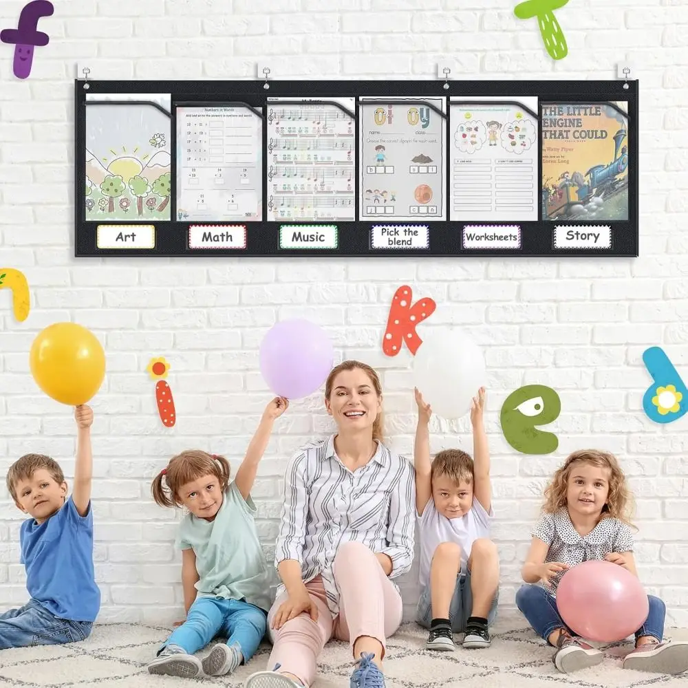 Sturdy Horizontal Storage Pocket Chart Reusable with 6 Clear Pockets Homework Storage Pocket Chart Wall Mounted Save Space