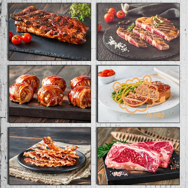 フレームレスフレームレスキャンバスプリント、肉ポスター、フライドベーコンストリップ、焼き豚、ボール、絵画、壁の芸術的な装飾