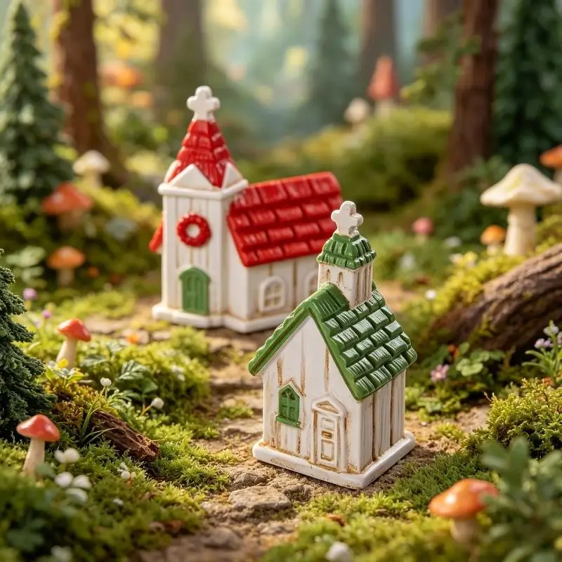 Christmas Miniature House Model Green Red Roof Resin Village Church for DIY Terrarium Xmas Decor