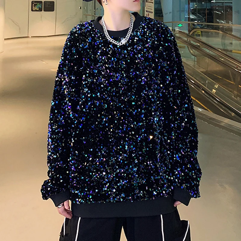 PFHQ Men\'s Sequin Sweater Pullover Fashion Stage Performance Costume Personality Handsome Advanced Glisten Tops Autumn 21Z3709