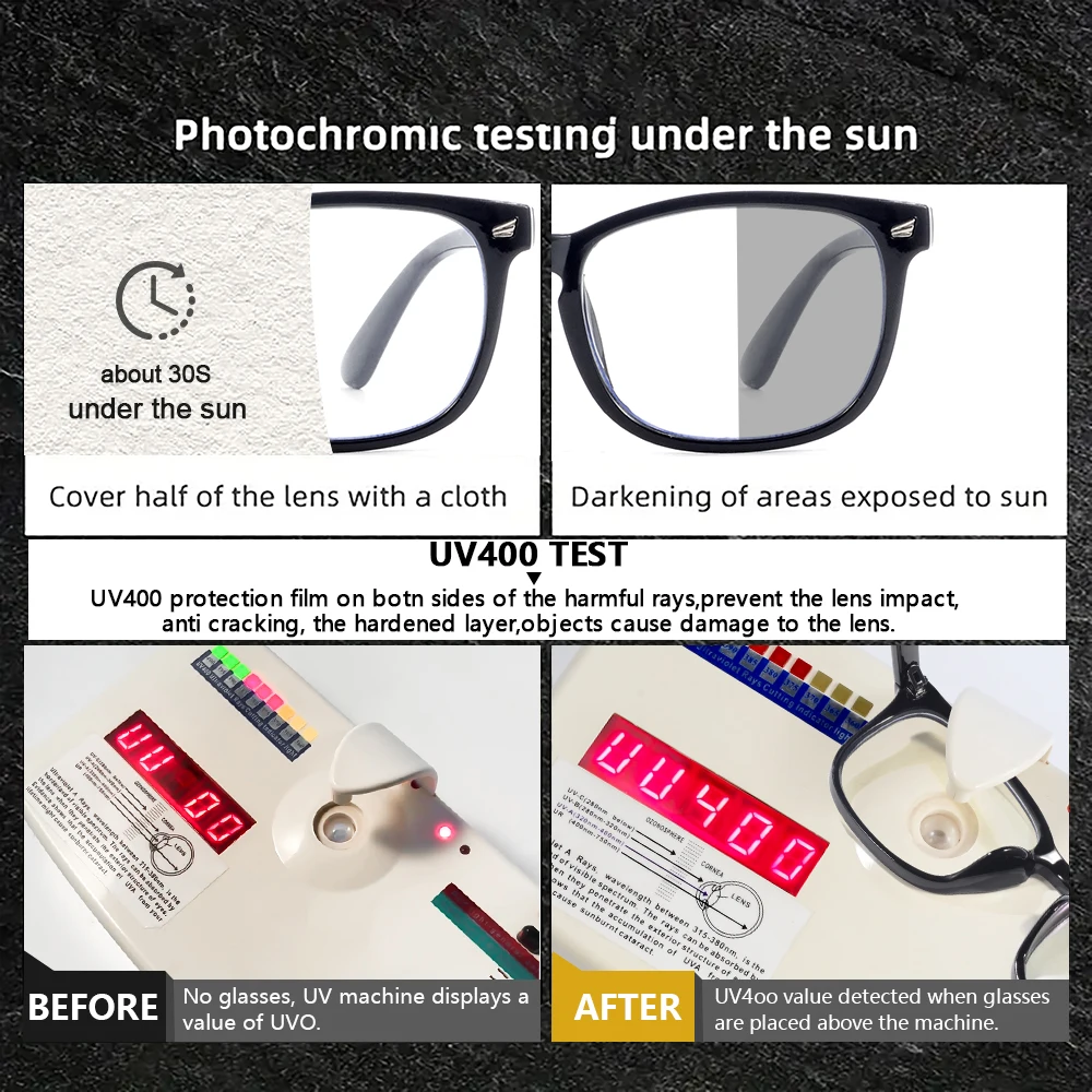 CRIXALIS Photochromic Classic Vintage Square Sonnenbrille für Herren, zum Laufen, Outdoor, Sonnenschein, Brillen, schwarzer Rahmen, UV400 – Detail 5