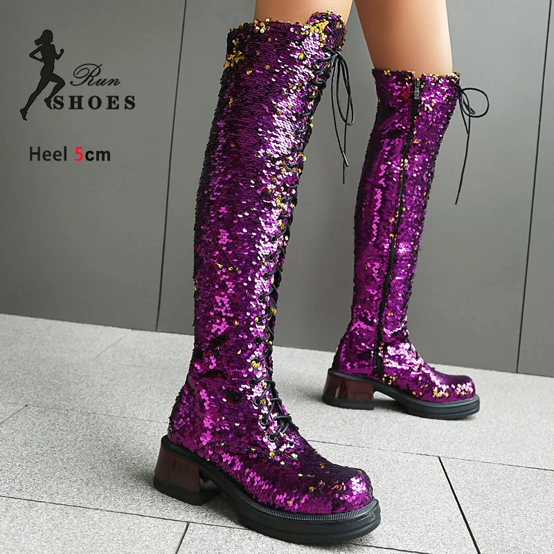 

2025 глянцевые сапоги выше колена с блестками и пайетками, женские гладиаторы на высоком каблуке 5 см, длинные туфли-гладиаторы на шнуровке, осенние сапоги на толстой платформе