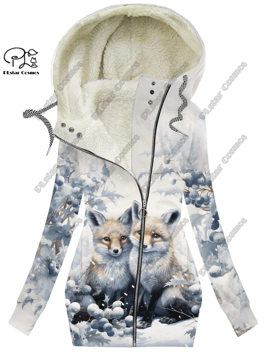 New 3D printing retro series floral and animal patterns plus velvet and warm women's long zipper sweatshirt casual winter L-17