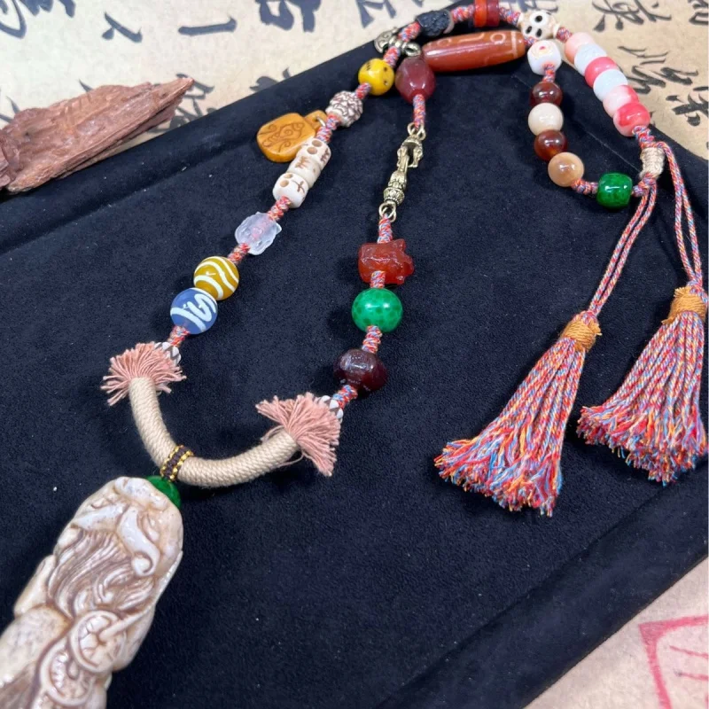 Hand , Multi-Treasure Pendant, Necklace, Cultural Accessory, Hanging Ornament, Ethnic Style, Vintage Bone Agate