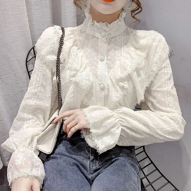 Long Sleeve Loose Spring Fashion Button White Shirt Elegant Stand Collar Pleated Tops Casual Ruffle Lace Blouse Blusas 15832