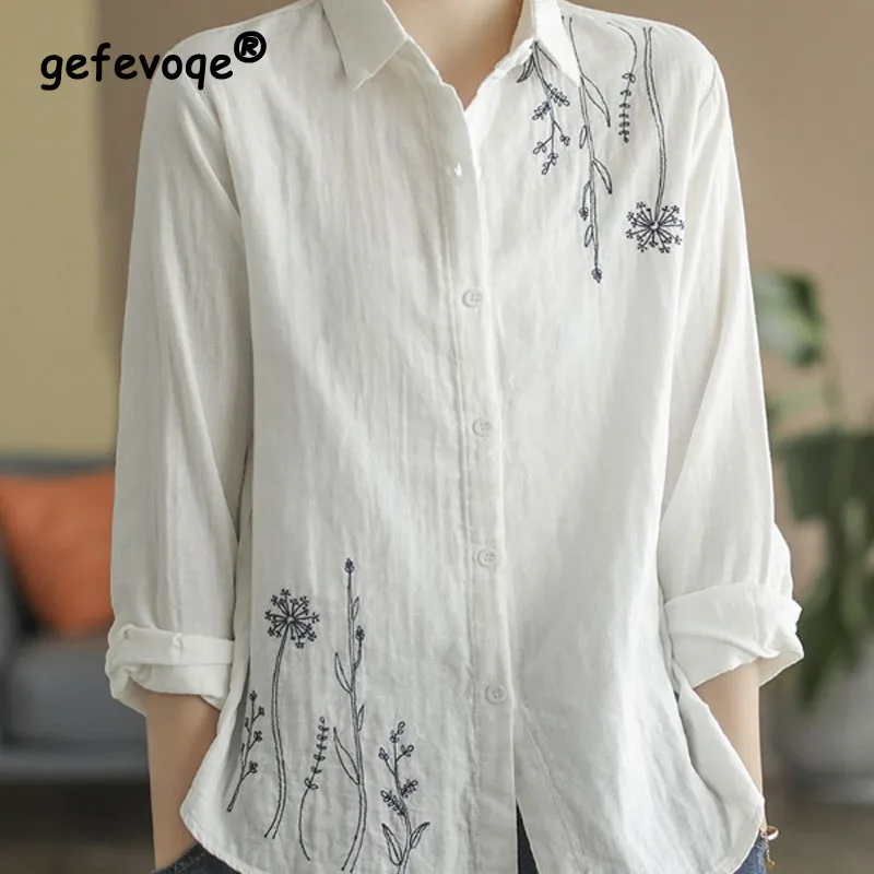 2023 Spring Long Sleeve Pure Cotton Women\'s Clothing New Vintage Embroidered Female Tops Loose All-match Button White Shirt