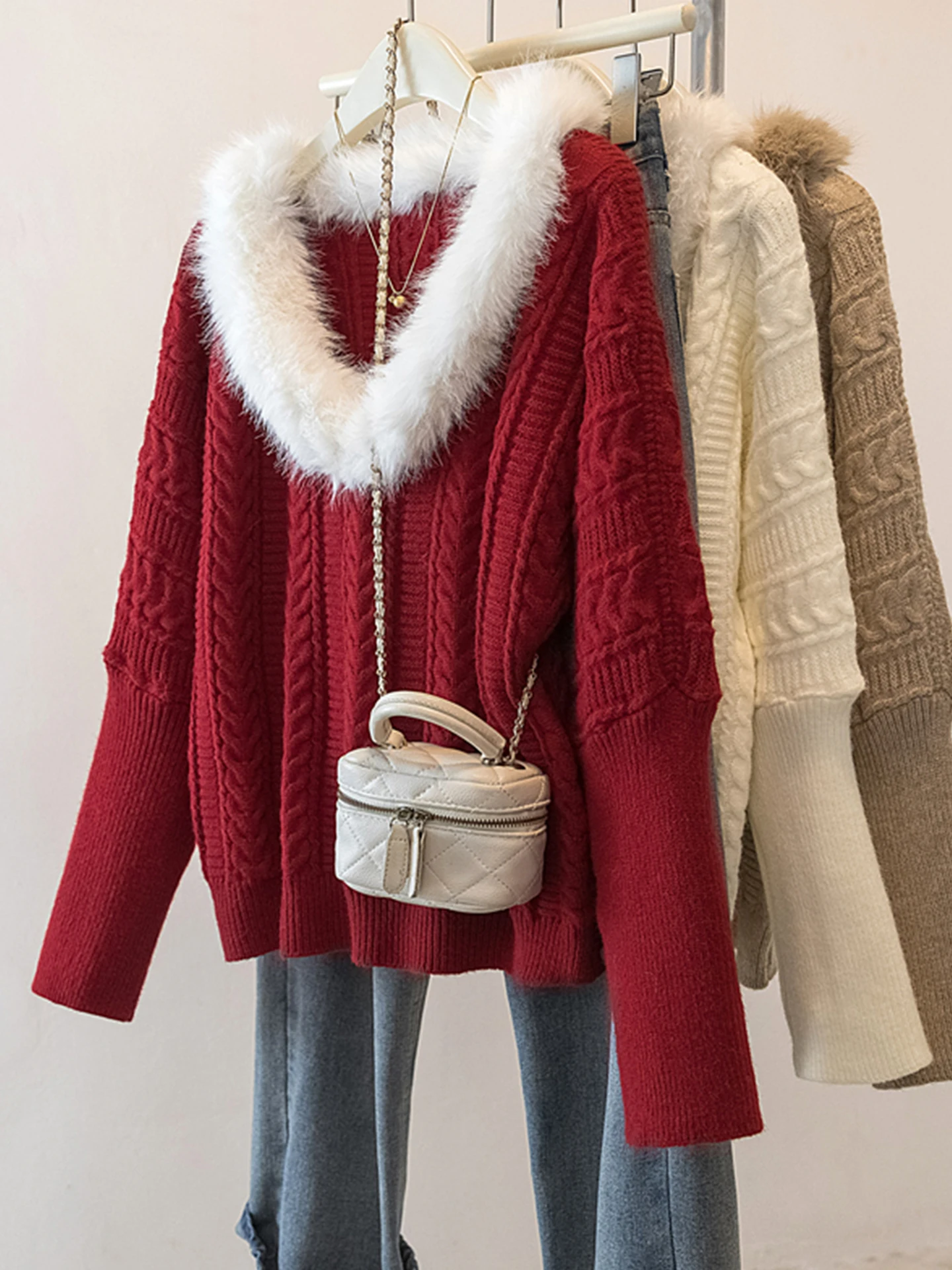 

Красный вязаный свитер с воротником из норки для женщин, осенне-зимний, больших размеров, в стиле Lazy Sle, с эффектом высокого качества, для повседневной носки, свободного кроя