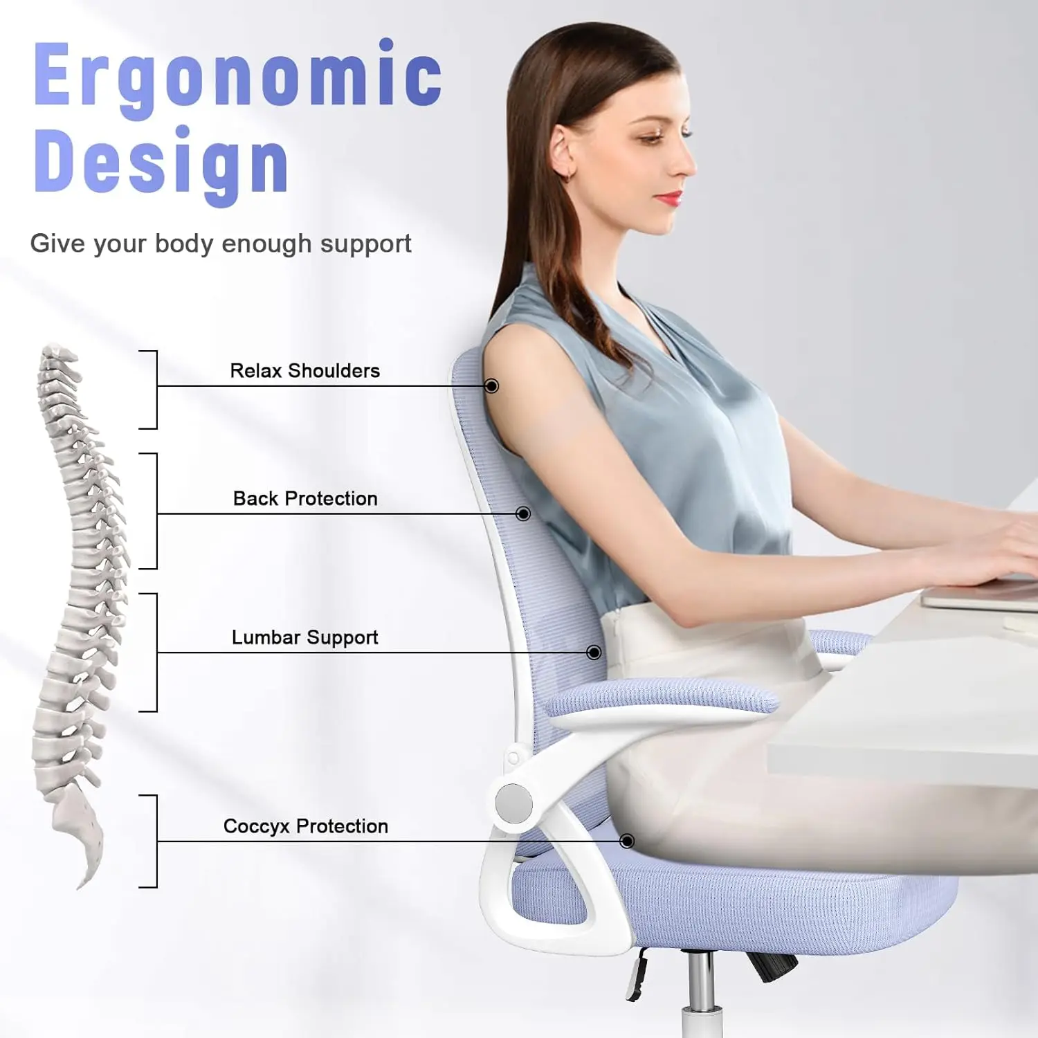 Silla de oficina ergonómica con respaldo medio, silla de escritorio con brazos abatibles de altura ajustable y soporte Lumbar para trabajo de estudio en casa/ligera