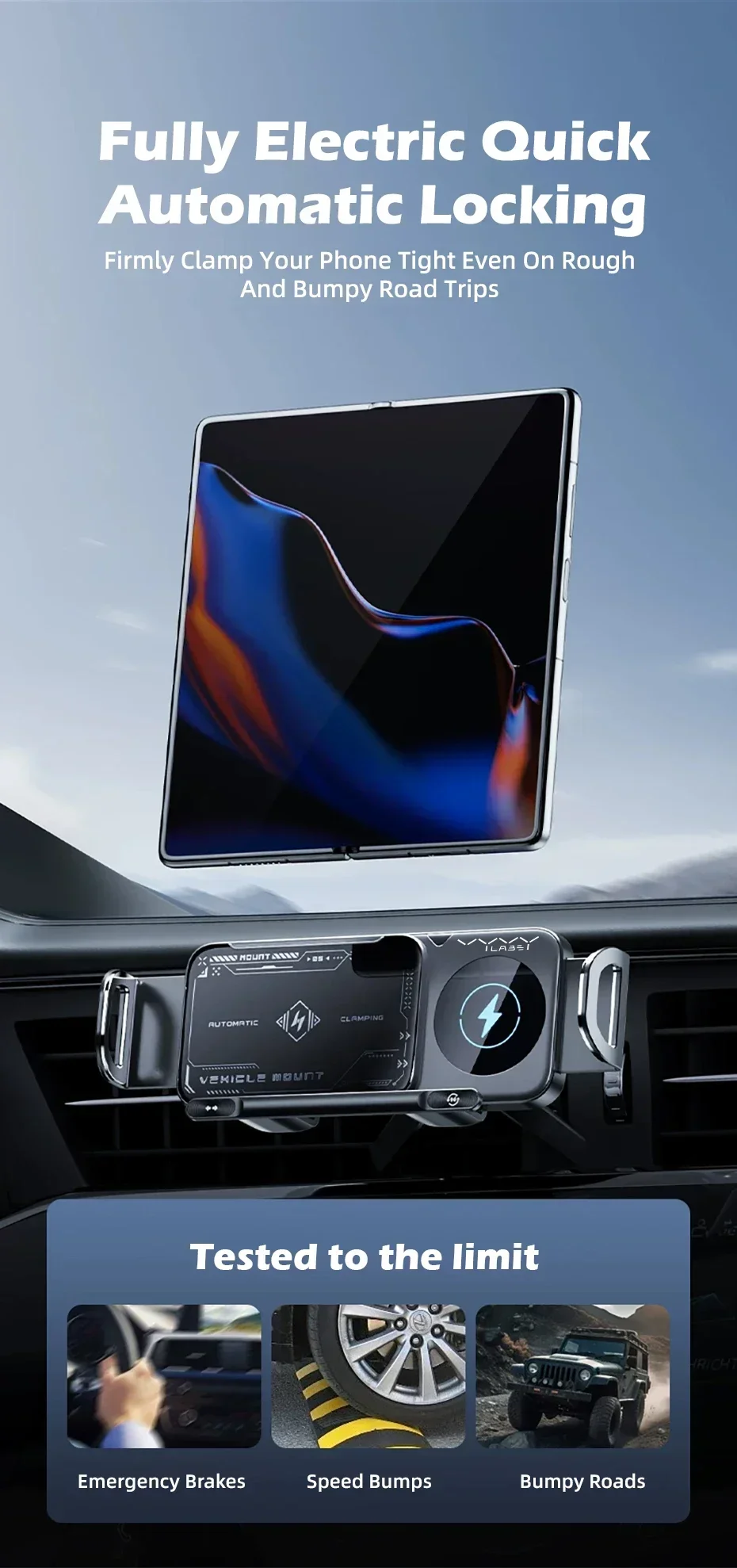 Vyvylabs Auto-Handyhalterung 15W Kabelloses Ladegerät Automatische Klemmung 360° ° Drehbare Lüftungshalterung für faltbare Handys und Tablet-Zubehör – Detail 10