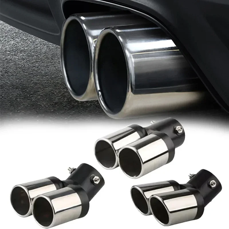 Stainless Steel Curved Double Outlet Car Exhaust Trim Muffler Pipe Tail 1PCS 2.5" Inlet Decoration Chrome Tail Pipe Car Styling view 2