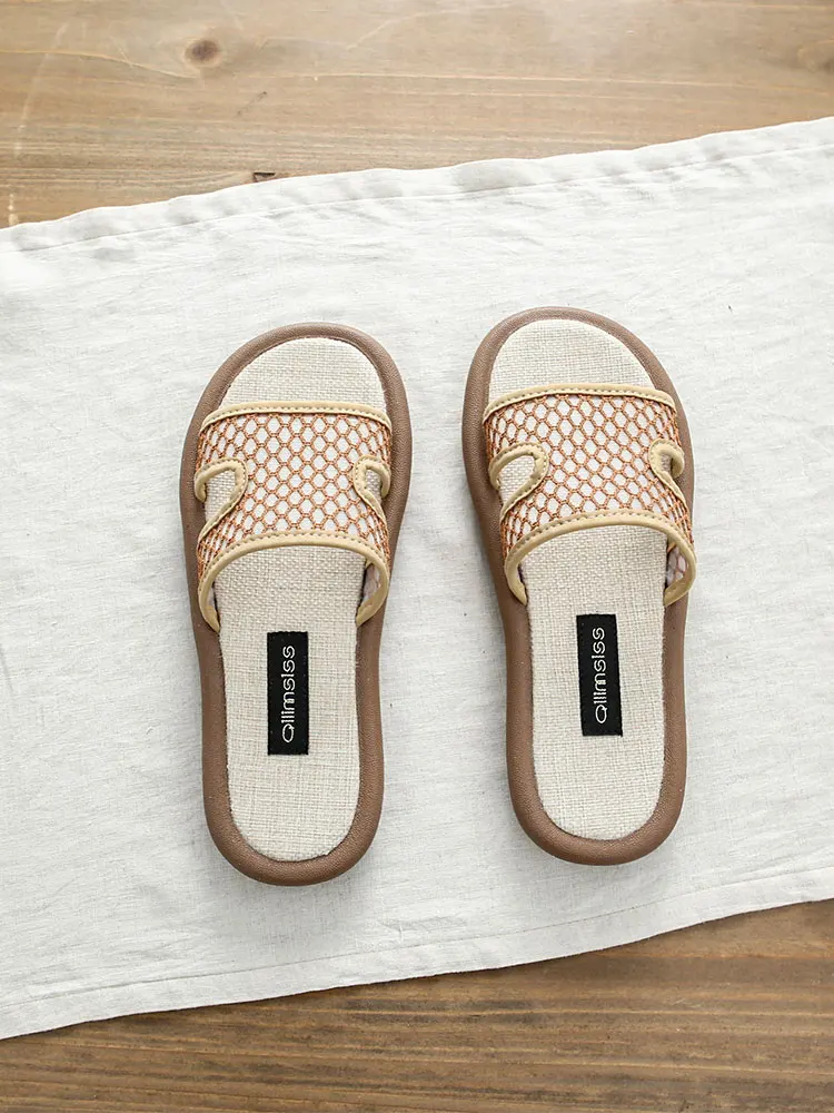 High-End Linen Slip-On Sandals Breathable Mesh Flat Bottom Cotton-Linen Half Slippers Women's Outdoor Wear Summer Thong Slippers